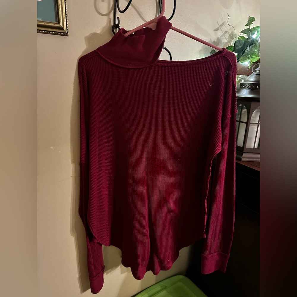 NWT Free People Just For You Cutout Shoulder Mock Neck Thermal Top, Wine, L - Picture 4 of 7